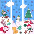 Merry Christmas celebration with children. Kids drawing illustration with ski, gifts, Santa Claus, snowman. Boys and Royalty Free Stock Photo