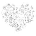 Merry Christmas celebration with children. Kids drawing illustration with ski, gifts, Santa Claus, snowman. Boys and Royalty Free Stock Photo