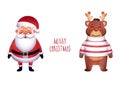 Merry Christmas Celebration Concept with Santa Claus Character and Cartoon Reindeer wearing Woolen Cloth.