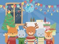 Merry christmas celebration cute animals party music food tree ball lights Royalty Free Stock Photo