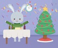Merry christmas celebration cute rabbit with sweater tree pizza beer
