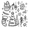 Merry Christmas celebration doodle elements set. Royalty Free Stock Photo