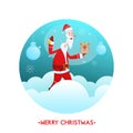 Merry Christmas Celebration Greeting Card with Cartoon Santa Claus Holding Gift Box, Bell on Blue Paper Clouds and White Royalty Free Stock Photo