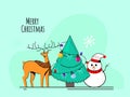 Merry Christmas Celebration Greeting Card with Decorative Xmas Tree, Reindeer and Cartoon Snowman on Light Royalty Free Stock Photo