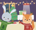 Merry christmas celebration rabbit and squirrel night event tree lamp lights gift boxes