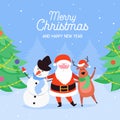 Merry Christmas characters of Santa Claus, Reindeer and Snowman. Happy Winter Holidays New Year greeting card Royalty Free Stock Photo