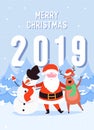 Merry Christmas characters of Santa Claus, Reindeer and Snowman. Happy Winter Holidays New Year greeting card Royalty Free Stock Photo