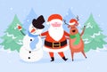 Merry Christmas characters of Santa Claus, Reindeer and Snowman. Happy Winter Holidays New Year greeting card Royalty Free Stock Photo