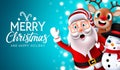 Merry christmas characters vector design. Merry christmas greeting text in blue space with waving santa claus, reindeer. Royalty Free Stock Photo