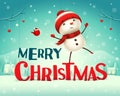 Merry Christmas! Cheerful snowman in Christmas snow scene winter landscape.