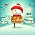 Merry Christmas! Cheerful snowman holds wooden board sign in Christmas snow scene winter landscape. Royalty Free Stock Photo