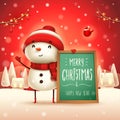 Merry Christmas! Cheerful snowman with message board in Christmas snow scene winter landscape.