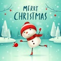 Merry Christmas! Cheerful snowman on skates in Christmas snow scene winter landscape