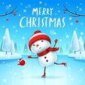 Merry Christmas! Cheerful snowman on skates in Christmas snow scene winter landscape Royalty Free Stock Photo