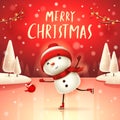 Merry Christmas! Cheerful snowman on skates in Christmas snow scene winter landscape