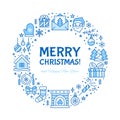 Merry Christmas circle banner illustration with flat line icons. New Year greeting card pine tree, presents, gift boxes