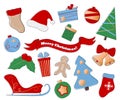 Merry Christmas clipart. Festive set of winter holiday icons on white background. Royalty Free Stock Photo