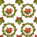 Merry Christmas coffee or tea, warm beverage seamless pattern isolated on white vector. Royalty Free Stock Photo