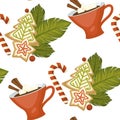 Merry Christmas coffee or tea, warm beverage seamless pattern Royalty Free Stock Photo