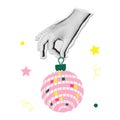 Merry Christmas collage paper sticker. Hand holding mirror ball toy. Colorful halftone mixed media style design.