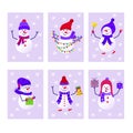 Merry Christmas collection of cute greeting card with snowman and snowflakes for happy new year presents. Scandinavian style set Royalty Free Stock Photo