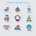 Merry Christmas colorful icon set. Snowman skates mittens wreath boll bell snowball sweets tree on a green background.