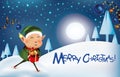 Merry Christmas companions. Little elf with gift present in christmas snow scene. Beautiful banner. Christmas balls