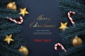 Merry Christmas composition 3D realistic pine fir tree branches candy cane golden decoration ball and star ornaments Royalty Free Stock Photo