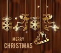 Merry christmas composition with golden decorations hanging Royalty Free Stock Photo