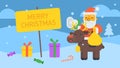 Merry Christmas composition Santa sitting on reindeer holding gift bag and megaphone