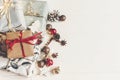 Merry christmas concept, flat lay. presents with ornaments pine Royalty Free Stock Photo