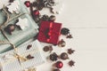 Merry christmas concept, flat lay. presents with ornaments pine Royalty Free Stock Photo
