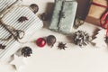 Merry christmas concept, flat lay. presents with ornaments pine Royalty Free Stock Photo