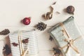 Merry christmas concept, flat lay. presents with ornaments pine Royalty Free Stock Photo