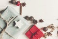 Merry christmas concept, flat lay. presents with ornaments pine Royalty Free Stock Photo