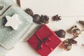 Merry christmas concept, flat lay. presents with ornaments pine Royalty Free Stock Photo