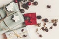 Merry christmas concept, flat lay. presents with ornaments pine Royalty Free Stock Photo