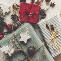 Merry christmas concept, flat lay. presents with ornaments pine Royalty Free Stock Photo