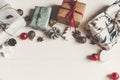 Merry christmas concept, flat lay. presents with ornaments pine Royalty Free Stock Photo