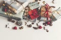 Merry christmas concept, flat lay. presents with ornaments pine Royalty Free Stock Photo