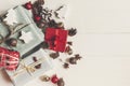 Merry christmas concept, flat lay. presents with ornaments pine Royalty Free Stock Photo