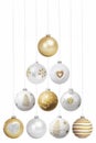 Merry Christmas concept, shiny glass decorated golden balls forming Christmas tree, isolated on white background, template for Royalty Free Stock Photo