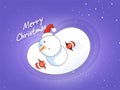 Merry Christmas Concept With Top View Of Funny Snowman, Kids Wearing Santa Costume On White Snowy And Purple