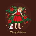 Merry Christmas Concept With Young Girl Standing, Cute Cat, Poinsettia Floral And Pine Cones On Brown