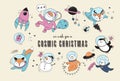 Cosmic Xmas illustrations, with Santa, Penguin, Deer, Fox and a space ship