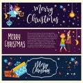 Merry Christmas couple man and woman dancing together vector pair in love angelic girl with harp flying above people in