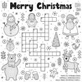 Merry Christmas crossword game for kids. Black and white educational activity page for coloring Royalty Free Stock Photo