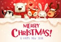 Merry Christmas! Christmas cute animals character with big signboard.