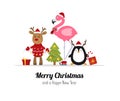 Merry Christmas. Cute Christmas animals. Reindeer, flamingo and penguin. Isolated Vector