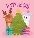 Merry christmas, cute bear reindeer tree gifts celebration, happy holidays card Royalty Free Stock Photo